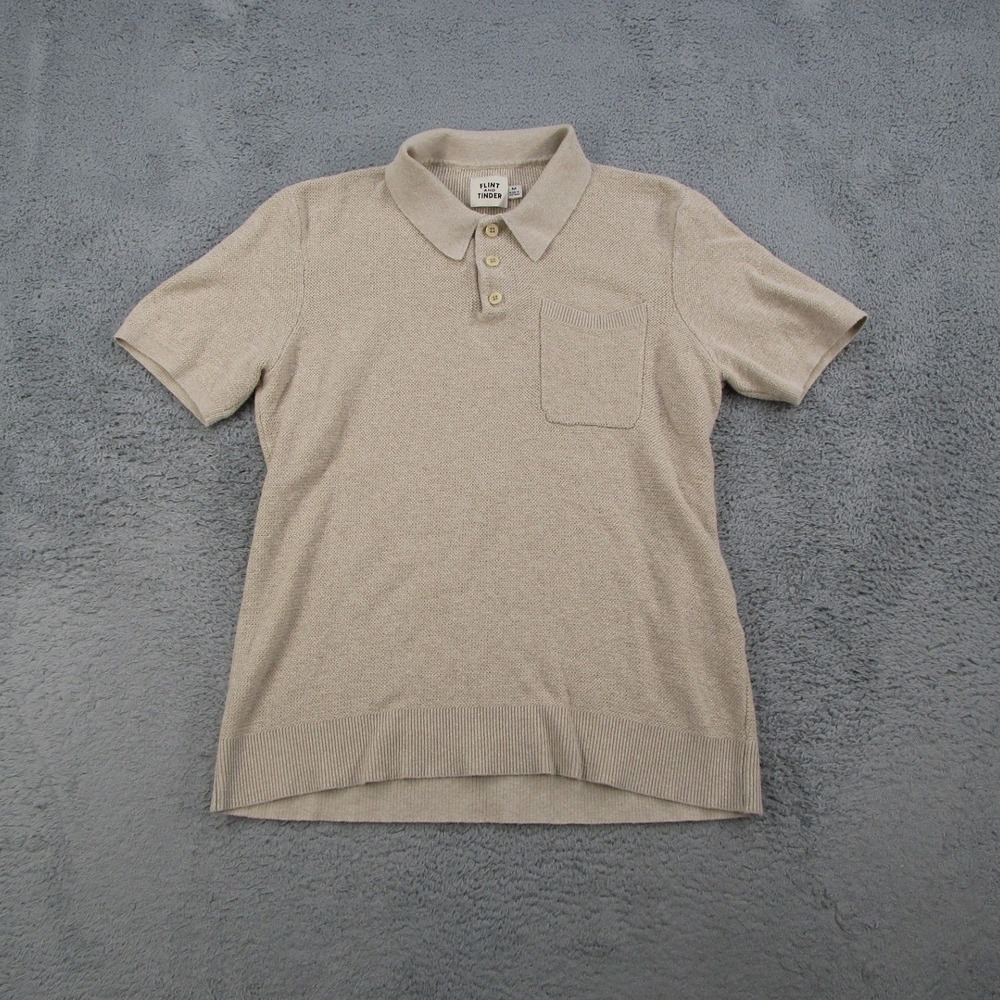 Flint and Tinder Mens Medium Beige Cotton Linen Knit Short Sleeve Pocket Polo